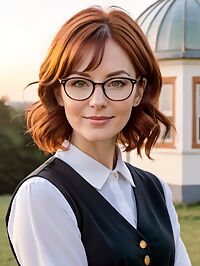 Woman in her 40s stands outside at dusk wearing a black school uniform and glasses