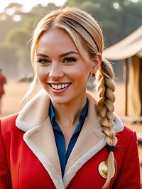 A 32 year old woman with blonde pigtails and tanned skin sits