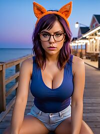 A woman in her 30s with huge breasts walks alone on the darkened boardwalk at pre dawn
