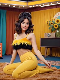 A 30 year old woman with ombre hair poses seductively amidst 1970s glamour